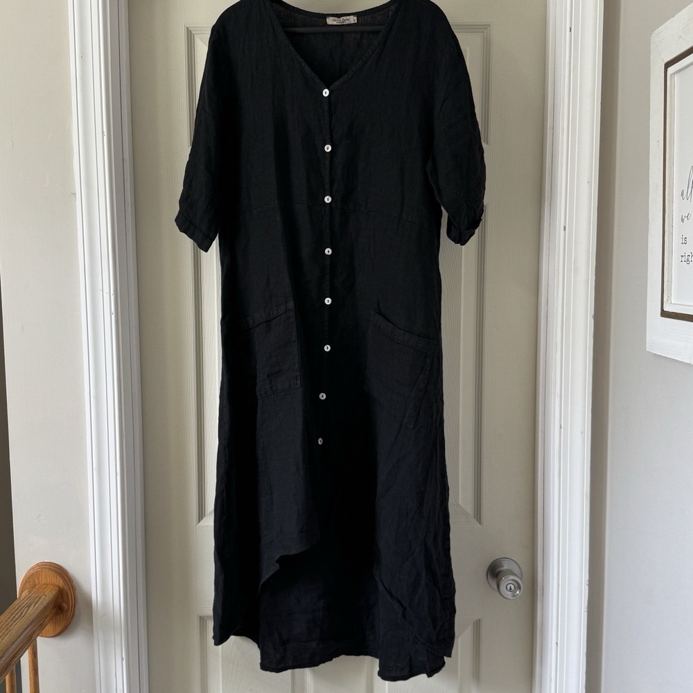 Alessia Pacini Black Linen High Low V-Neck Button Up Dress Size Small